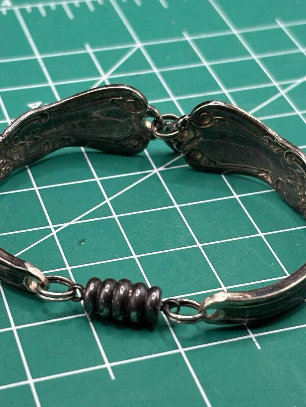 Vintage Silver Tone Silverware Flatware Spoon Bracelet Handmade Patina 7” Floral